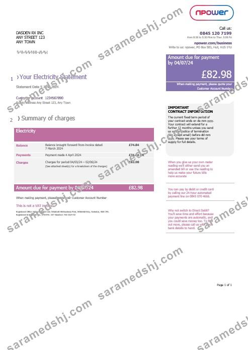 United Kingdom Npower business utility bill, Word and PDF template